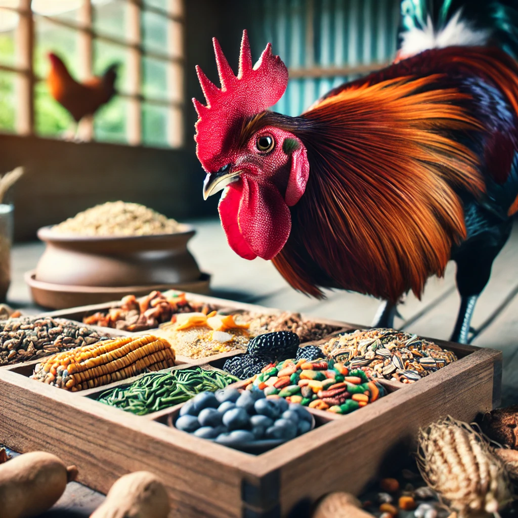 DALL·E 2025-02-13 22.59.41 - A vibrant, well-groomed gamecock rooster eating from a wooden feeding tray filled with grains, seeds, vegetables, and protein-rich foods. The setting Rooster feeding guide,Best diet for roosters,Rooster nutrition plan,Feeding schedule for roosters,High-protein feed for roosters,Rooster dietary supplements,Natural feed options for roosters,Rooster weight management,Essential vitamins for roosters,Rooster hydration needs,Common feeding mistakes for roosters,Rooster feeding during molting,Seasonal diet changes for roosters,Homemade feed recipes for roosters,Balancing grains and proteins for roosters,Rooster feeding equipment,Signs of malnutrition in roosters,Rooster feeding FAQs,Transitioning roosters to new feed,Impact of diet on rooster behavior,Organic feed options for roosters,Rooster diet for breeding,Feeding roosters in confinement,Rooster diet and lifespan,Cost-effective feeding strategies for roosters