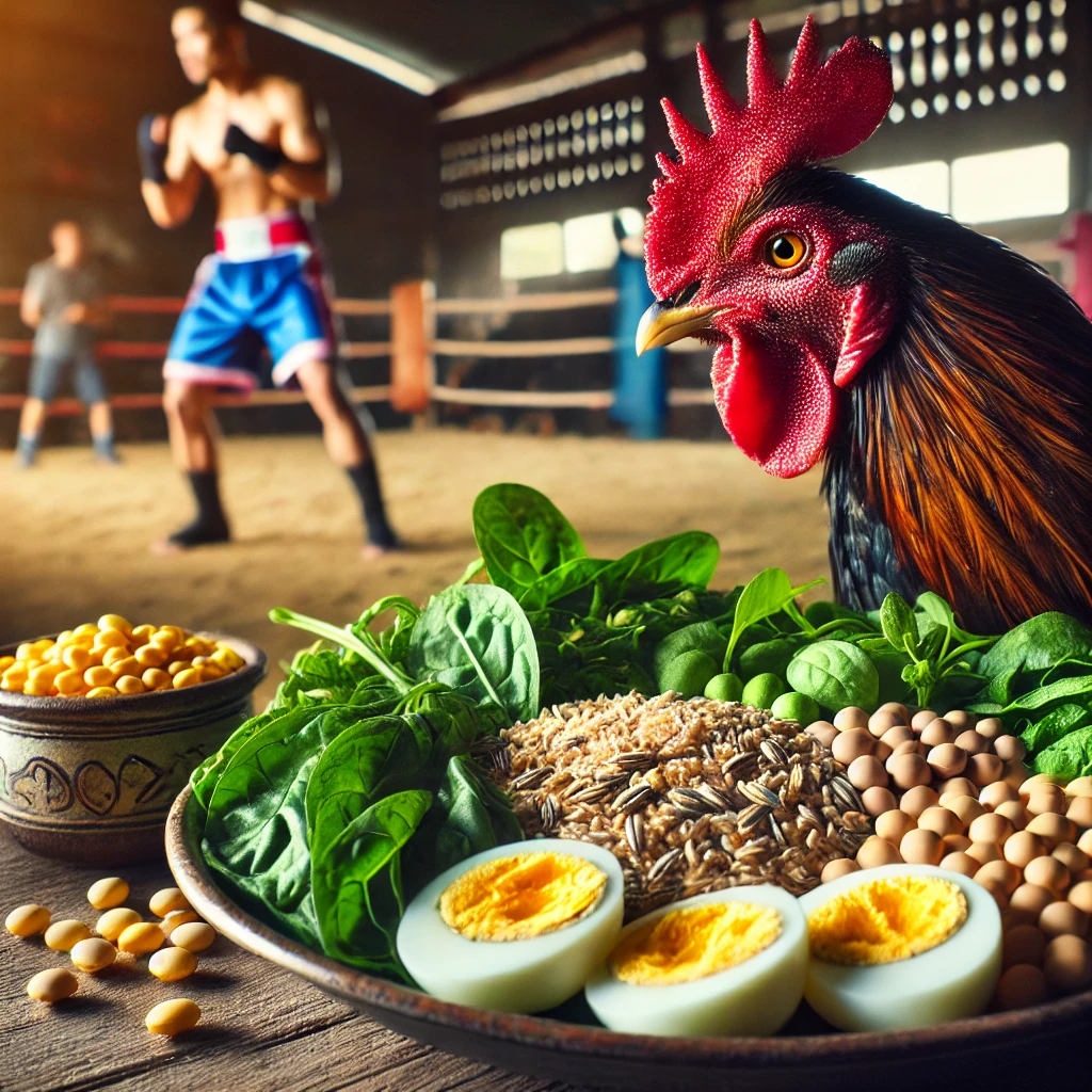 DALL·E 2025-02-13 23.02.50 - A detailed close-up view of a meal prepared for a gamecock before sparring. The plate includes a nutritious mix of grains, boiled eggs, soybeans, leaf Rooster feeding guide,Best diet for roosters,Rooster nutrition plan,Feeding schedule for roosters,High-protein feed for roosters,Rooster dietary supplements,Natural feed options for roosters,Rooster weight management,Essential vitamins for roosters,Rooster hydration needs,Common feeding mistakes for roosters,Rooster feeding during molting,Seasonal diet changes for roosters,Homemade feed recipes for roosters,Balancing grains and proteins for roosters,Rooster feeding equipment,Signs of malnutrition in roosters,Rooster feeding FAQs,Transitioning roosters to new feed,Impact of diet on rooster behavior,Organic feed options for roosters,Rooster diet for breeding,Feeding roosters in confinement,Rooster diet and lifespan,Cost-effective feeding strategies for roosters